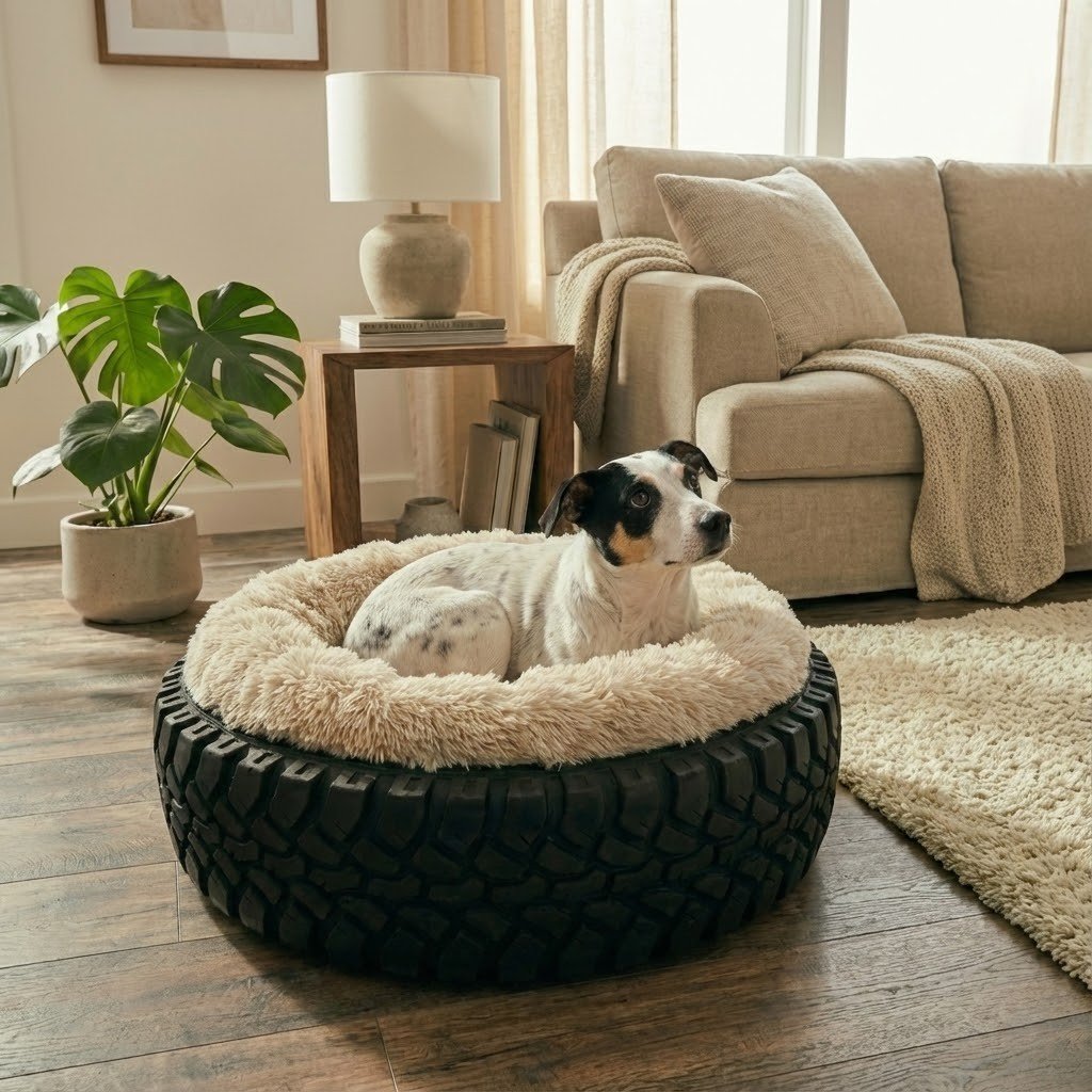 Fox Teria sleeping comfortably in Treads2Tails upcycled tyre dog bed with grey indoor luxury faux fur