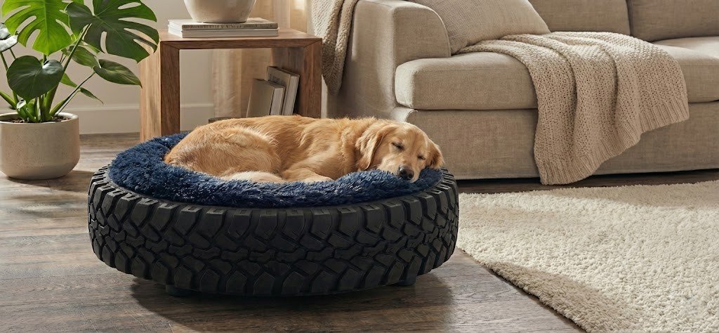 Happy dog resting in Treads2Tails upcycled tyre bed, hand-built in the Western Cape from recycled road tyres and luxury faux fur.
