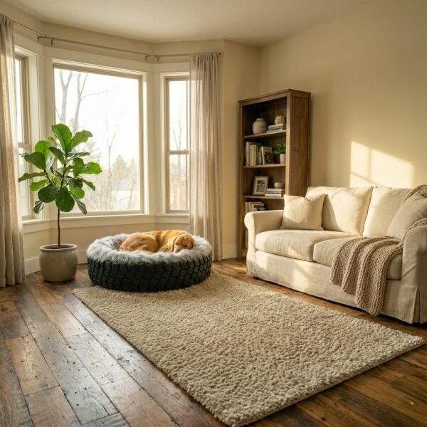 Golden Retriever sleeping in Treads2Tails Indoor Luxury upcycled tyre dog bed with grey faux fur in a sunny living room