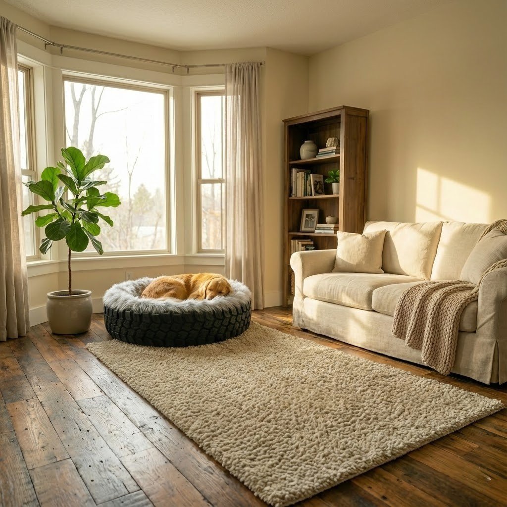 Golden Retriever sleeping in Treads2Tails Indoor Luxury upcycled tyre dog bed with grey faux fur in a sunny living room